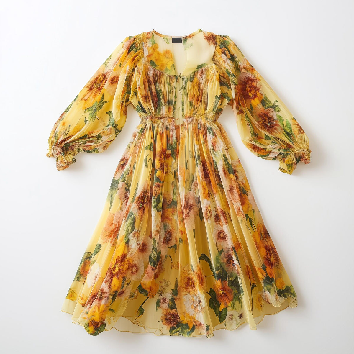 Elegant Yellow Floral Chiffon Maxi Dress
